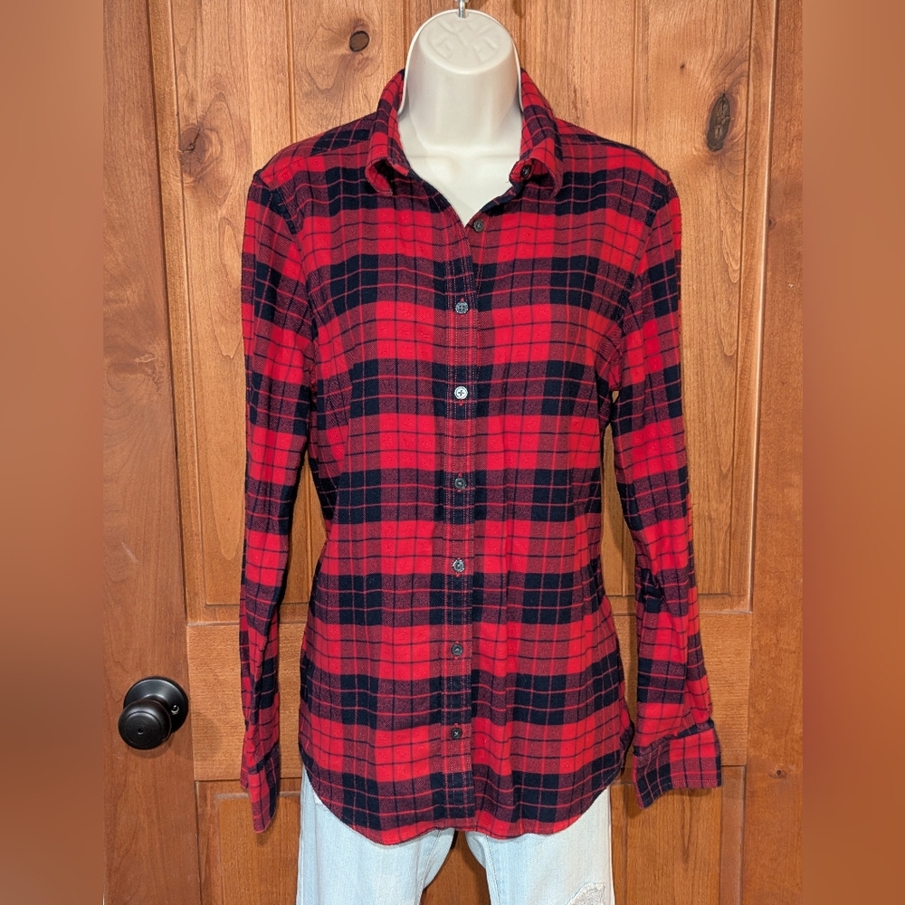 Lands' End Red and Navy Blue Plaid Shirt